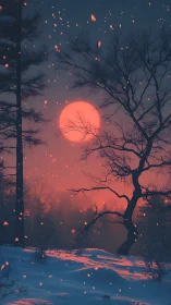 Crimson winter moonrise ignites snowlit forest hush.