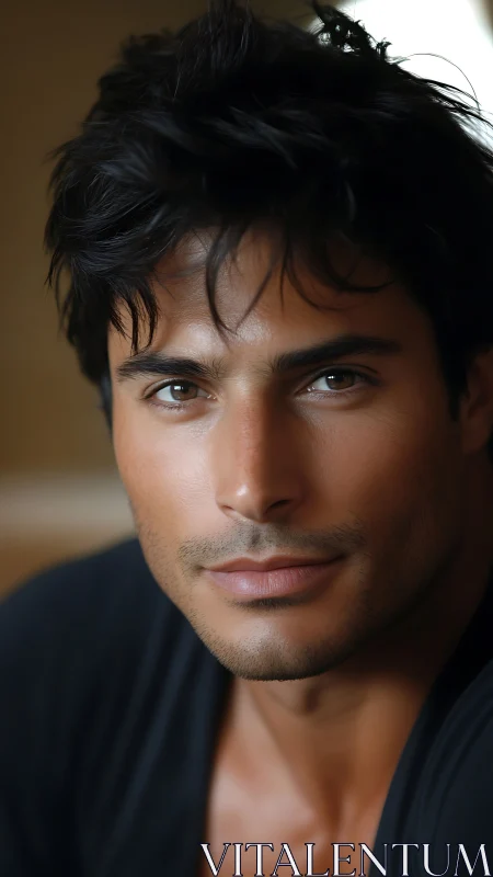 Handsome young man gazes forward in soft natural light