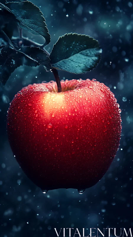 Single wet red apple hangs from stem against dark background