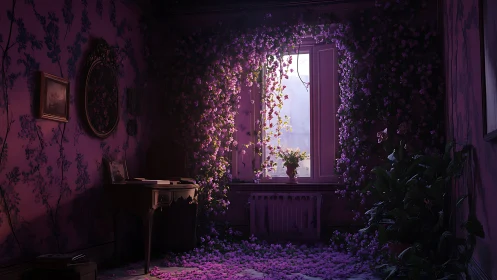Luminous floral incursion through Victorian window interior.