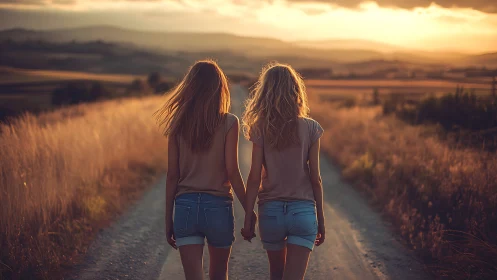 Two women holding hands on rural path at sunset, warm natural style.