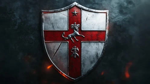 Metallic shield with red cross, star and rearing horse emblem.