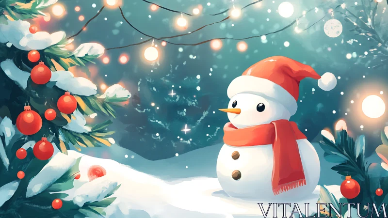 Snowman in red scarf under winter holiday lights.