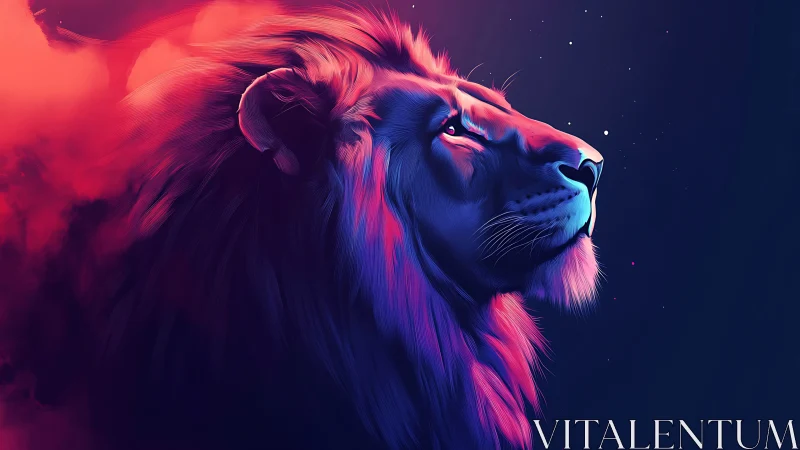 Neon lion profile in gradient lighting against dark background.