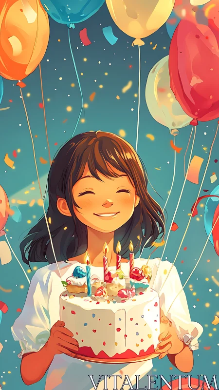 Celebratory Digital Portrait: Young Woman Holding Birthday Cake Surrounded by Balloons