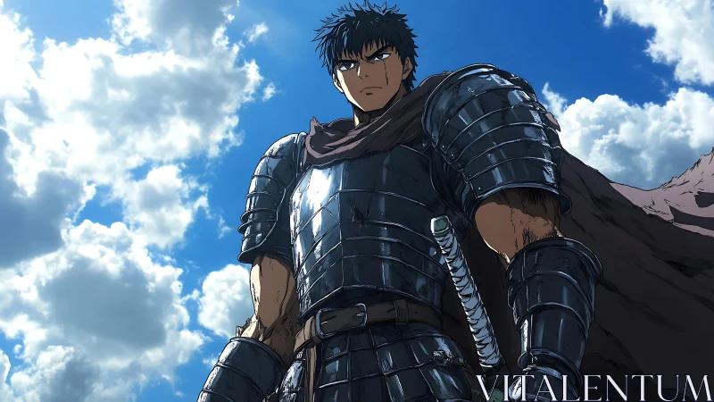 Armored swordsman stands beneath towering summer clouds
