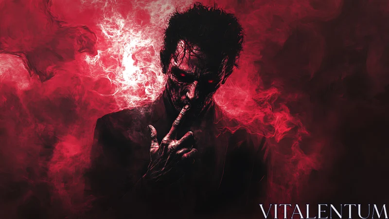 Sinister red-lit figure dissolves into swirling digital smoke