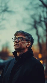 Older man in dark coat looking upward at dusk outdoors.