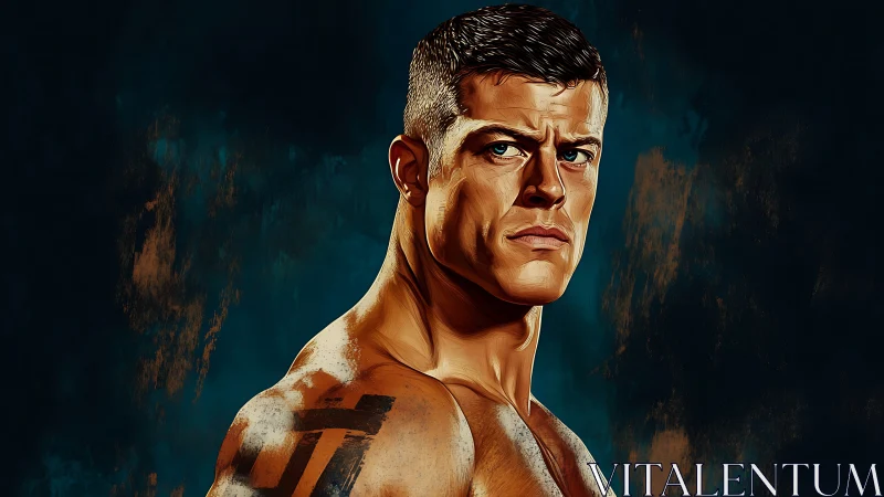 Male torso profile in stylized digital portrait format.