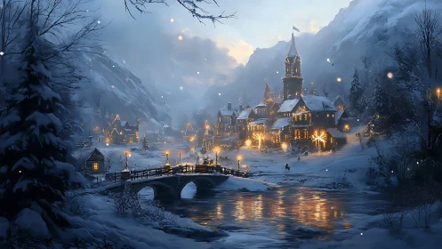 Snowy alpine village dusk scene with glowing lantern bridge.