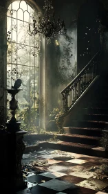 Decayed interior staircase in overgrown grand hall.