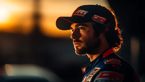 Backlit motorsport portrait under golden hour rim lighting.