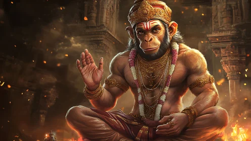 Regal monkey sage blessing flames in ancient temple glow.