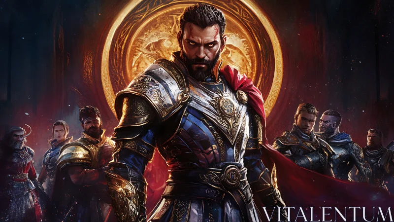 Parametric portrait of armored commander before radiant sigil.