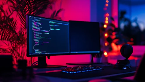 Neon-lit dual monitors ignite a late-night coding command post.