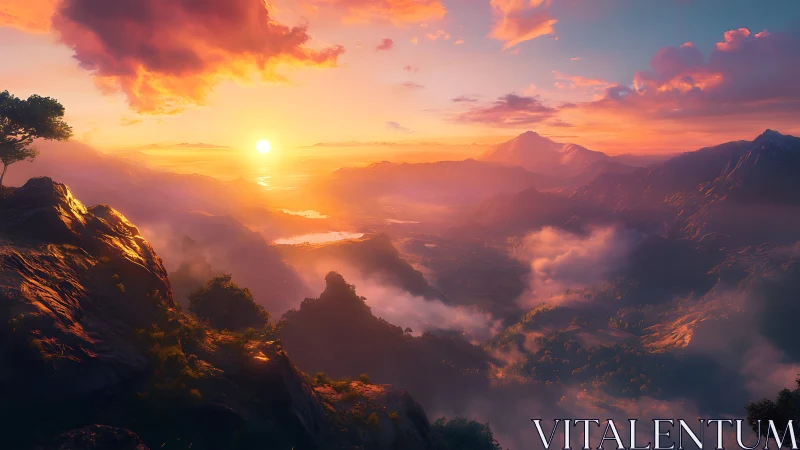 Sunlit alpine valley under radiant cloud-washed sky.