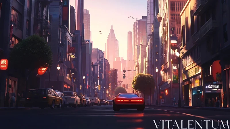 Sunlit city cruise with a lone car at golden hour glow.