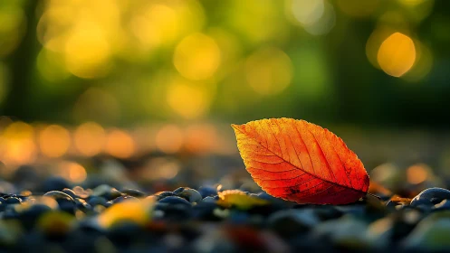 Glowing autumn leaf rests gently on sunlit pebbled ground