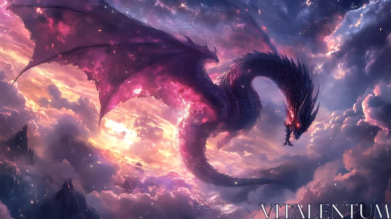 Nebula-winged star dragon coiling through twilight clouds.