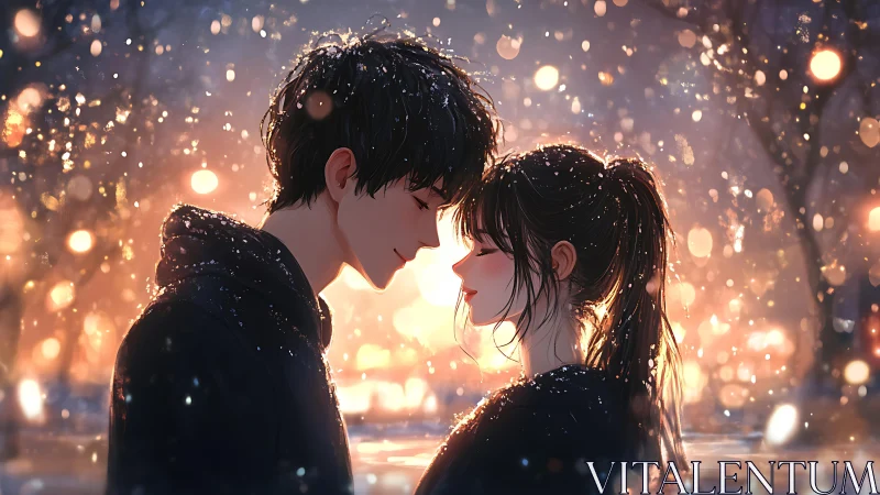 Winter kiss under glowing city lights at dusk snowfall.