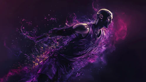 Kinetic neon basketball figure dissolving into particle plumes.