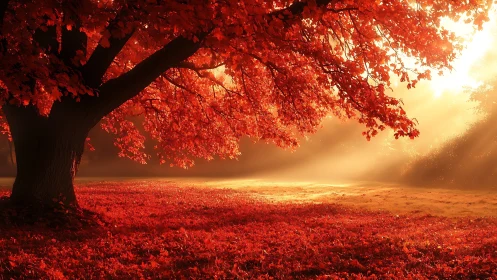 Radiant autumn canopy with volumetric sunrise illumination.