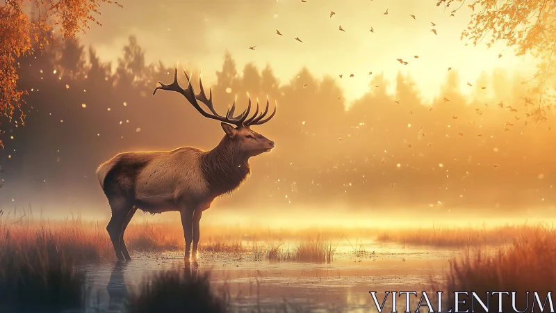 Stag stands in shallow wetland under diffused golden backlight