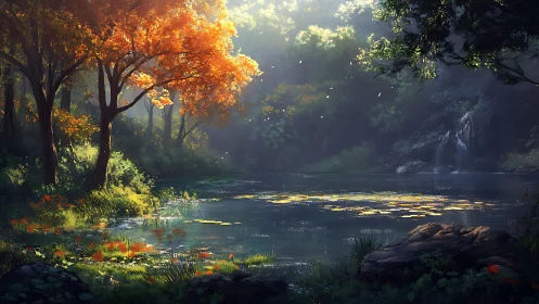 Sunlit forest pond shows autumn foliage and distant waterfall