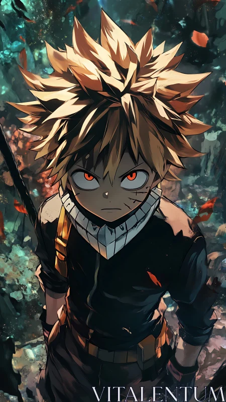 Defiant anime hero stands amid swirling embers and ruin