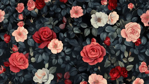 Floral arrangement with roses and foliage on dark background