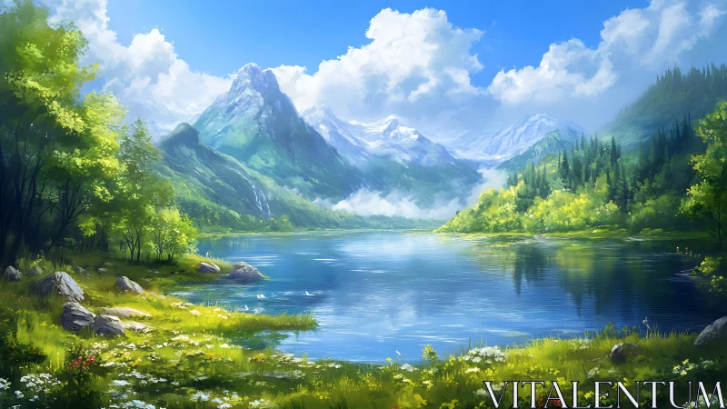 Sunlit alpine lake rests beneath snow-capped mountains.