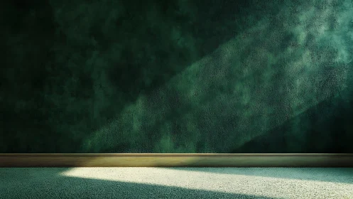 Oblique daylight across textured emerald interior wall plane.