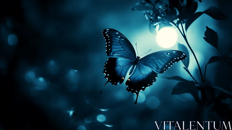 Midnight blue butterfly glows against soft moonlit bokeh.