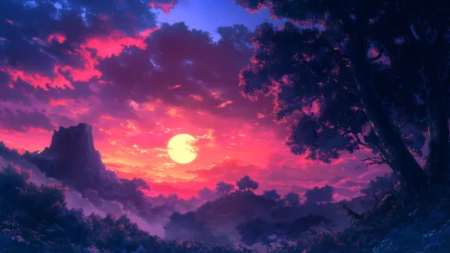 Vibrant fantasy forest sunset with glowing full moon.