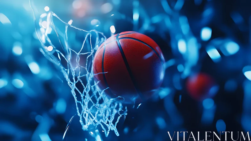 Basketball swishes through net amid dynamic blue bokeh light