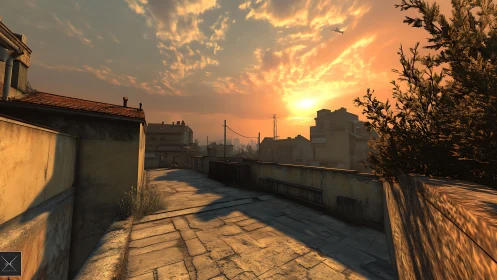 Digital urban rooftop corridor shows sunset-lit environment