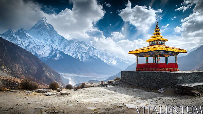 Sunlit Himalayan shrine dreaming beneath snow-crowned giants.