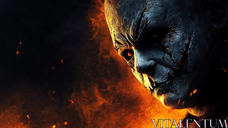 Burned mask horror portrait glows against swirling fire