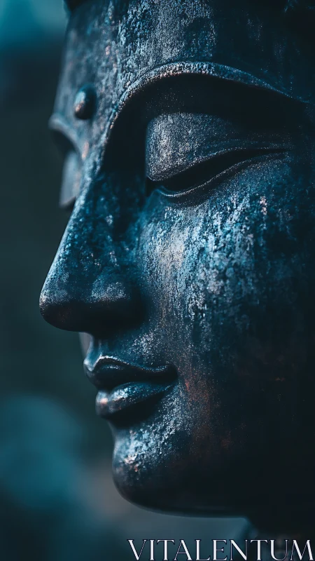 Quiet glow on a weathered serene bronze face at dusk.