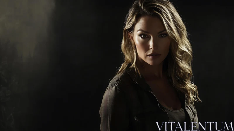 Confident woman emerges from moody shadows in dramatic portrait.