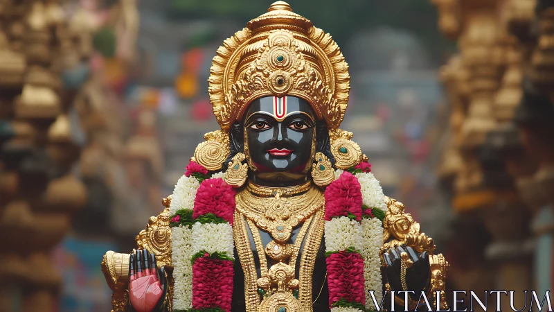 Ornate black stone deity statue adorned with gold and florals