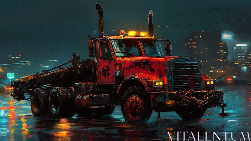Red semi truck in rainy neon city street at night scene.
