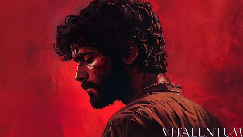 Side profile of male figure against dense red backdrop.