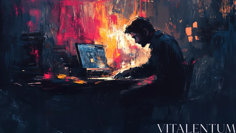 Silhouetted man works at laptop amid abstract neon light