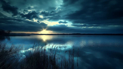 Twilight sun slips under stormy clouds and quiet lake glass