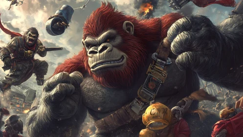 Giant red-furred gorilla leads chaotic futuristic city battle.