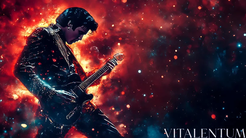 Electric guitarist silhouette in fiery cosmic nebula glow