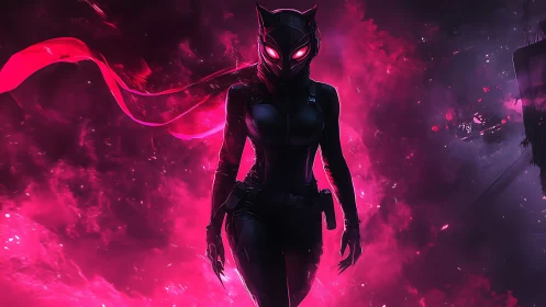 Neon cat-eyed vigilante strides through electric crimson dusk.