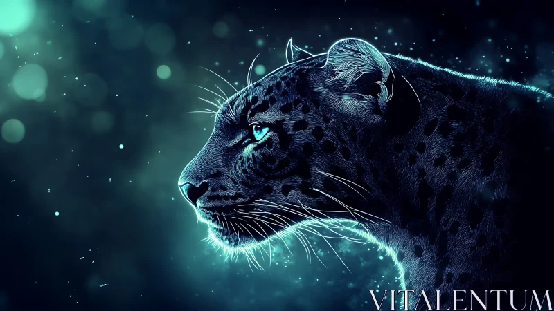 Neon Leopard Profile. Luminescent Wildcat Against Dark Cosmos.
