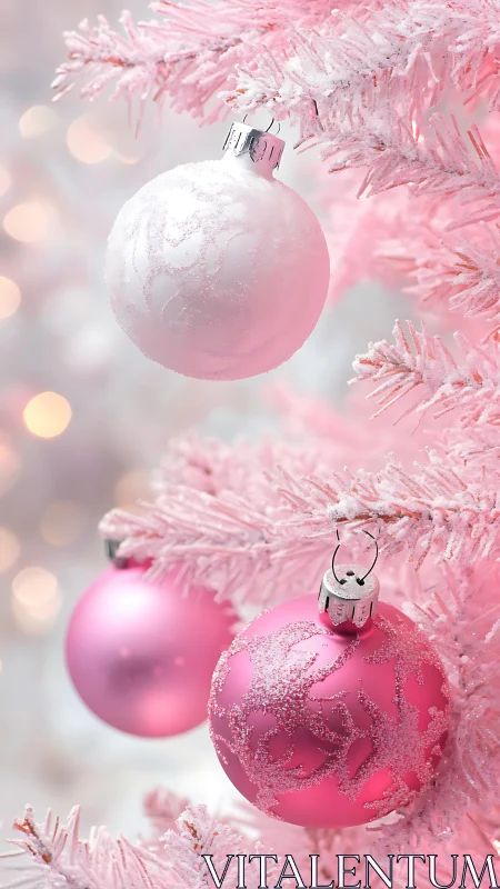Pastel pink Christmas ornaments glow on frosted tree branches.